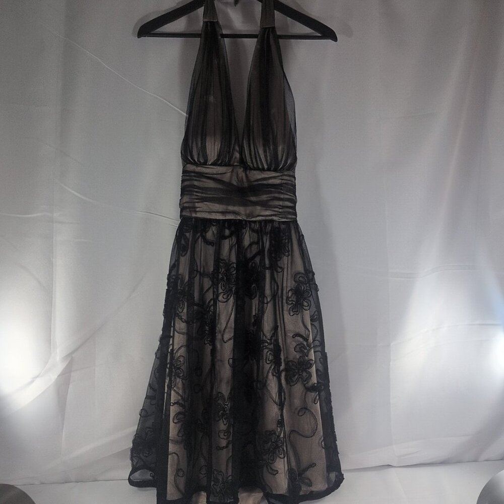 Adrianna Papell Boutique Women's 10 Halter Dress Mesh Floral Black Gold Knee